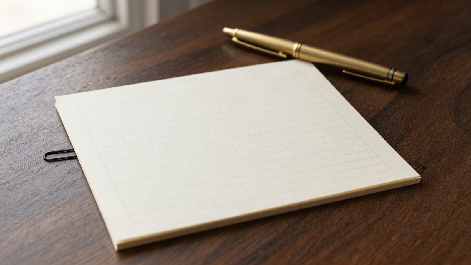 A blank ruled record card and a pen on a desk