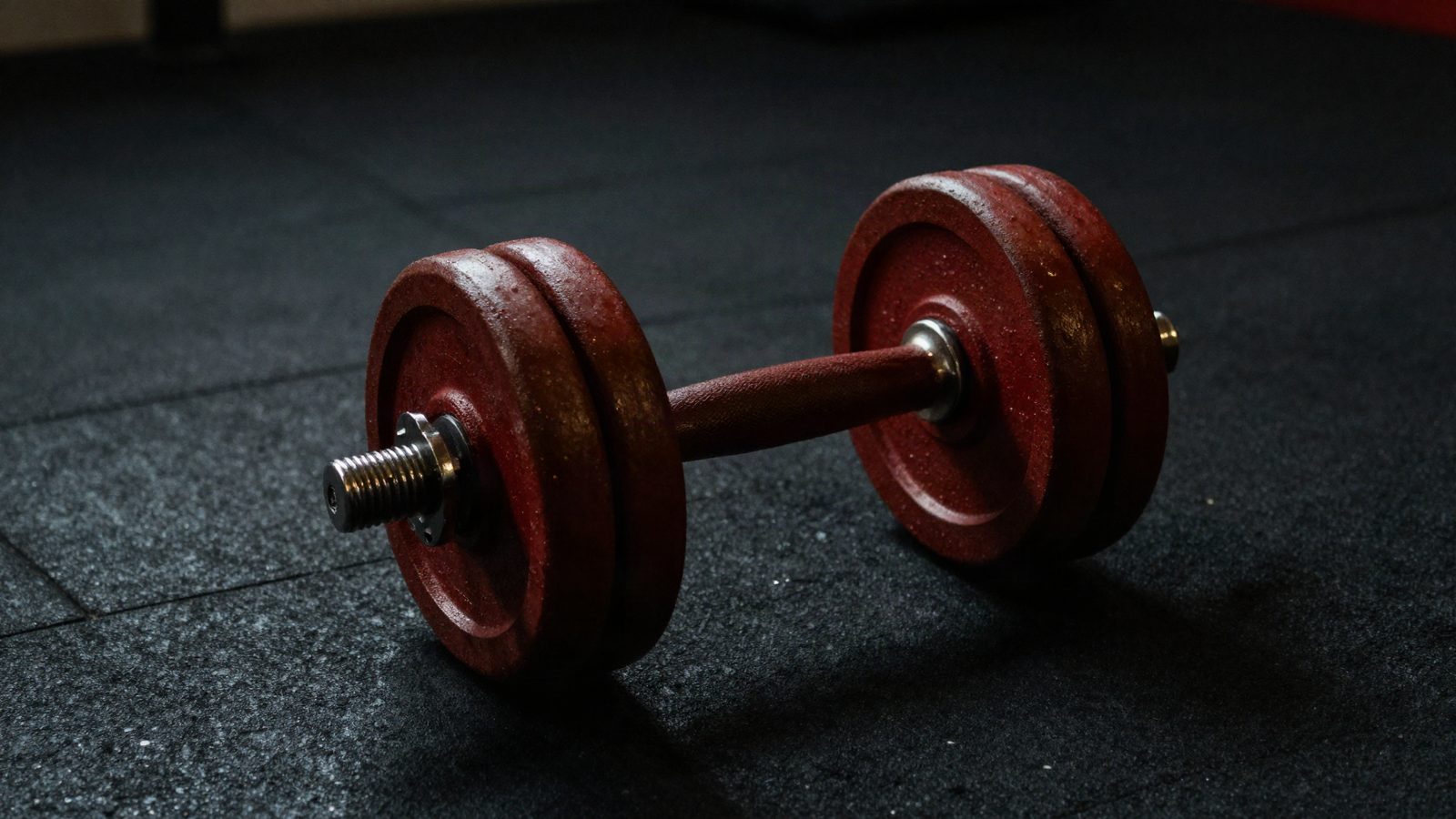 A single dumbbell on a gym floor